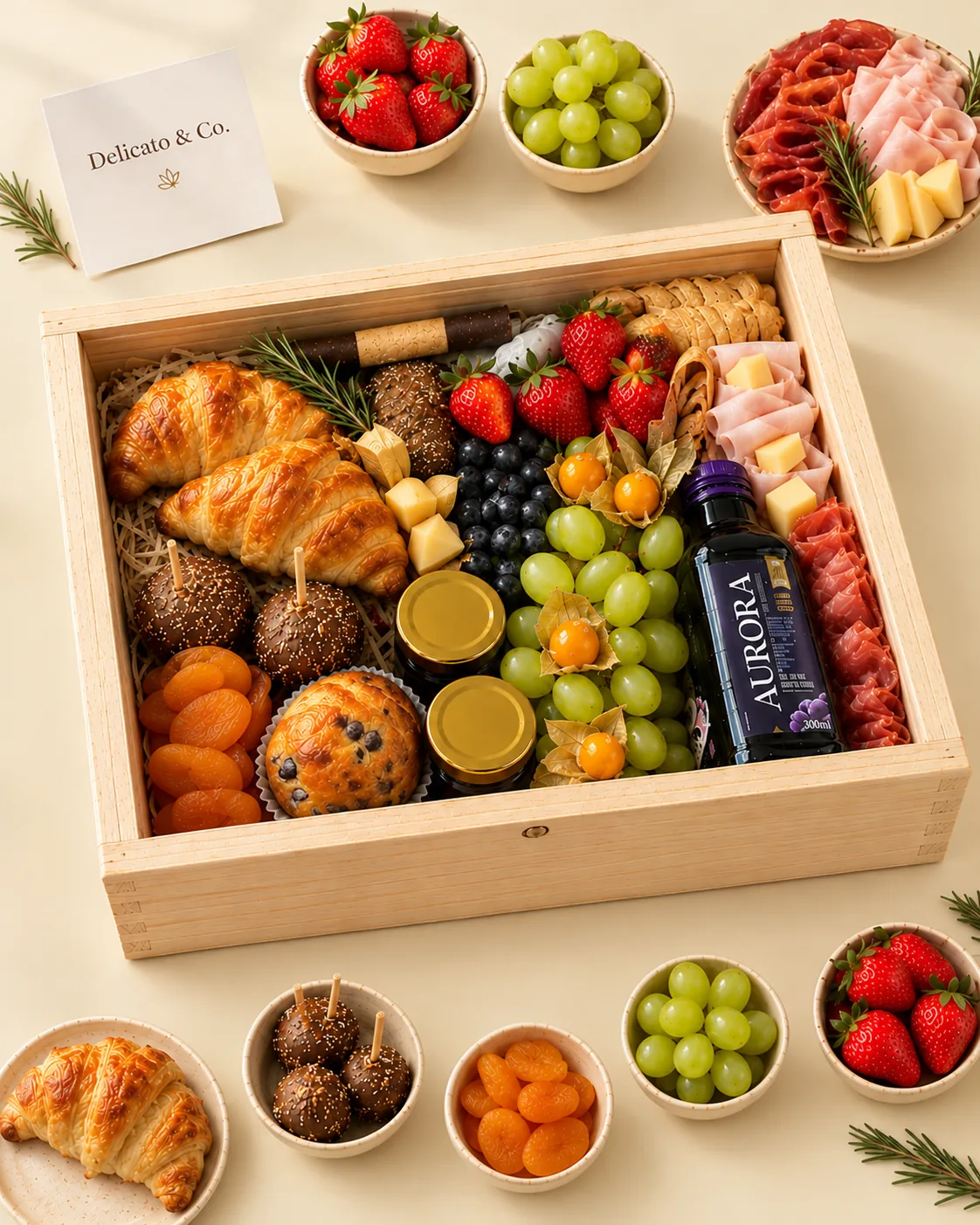 Caixa Delicato Clássica em madeira com tampa de vidro: croissants, frutas, frios, geleia e suco de uva.